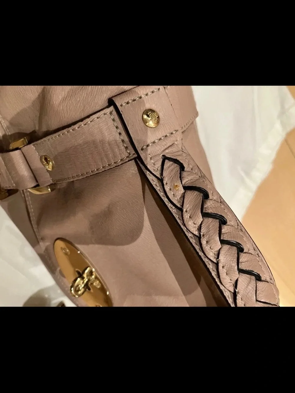 Mulberry Taupe Braided-Handle Satchel with Gold Hardware